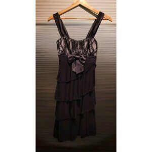 Y2K Deb Black Satin Sleeveless Milkmaid Tiered Dress Sz S Bow Lace